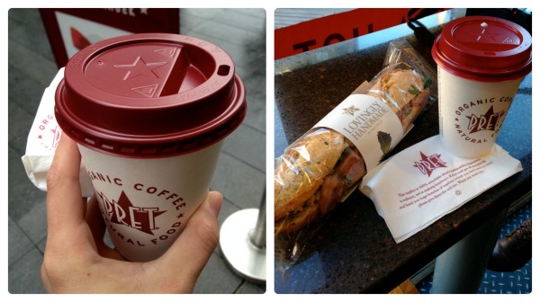 Pret is on just about every corner in London, and their coffee is pretty decent. I had their hazelnut chocolate bells and whistles latte thing that was amazing. Their food is pretty good, and, as with all chains, they provide consistency in their quality