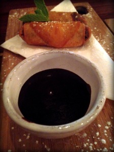 Deep fried banana spring rolls with chocolate dipping sauce for dessert. Delicious (even though we got it before we even got our dim sum)